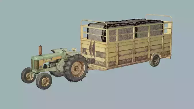 Tafe Tractor With Trailer Low Poly 3D Model