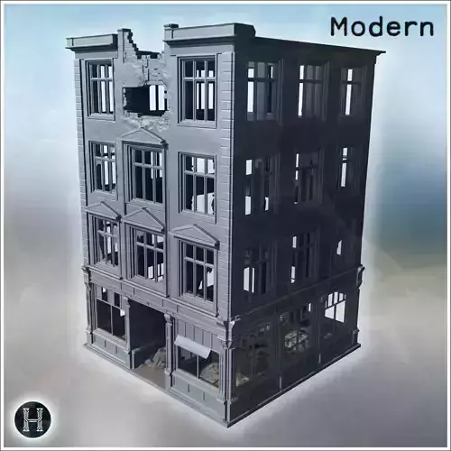 Four-story building with broken windows damaged facade and debri