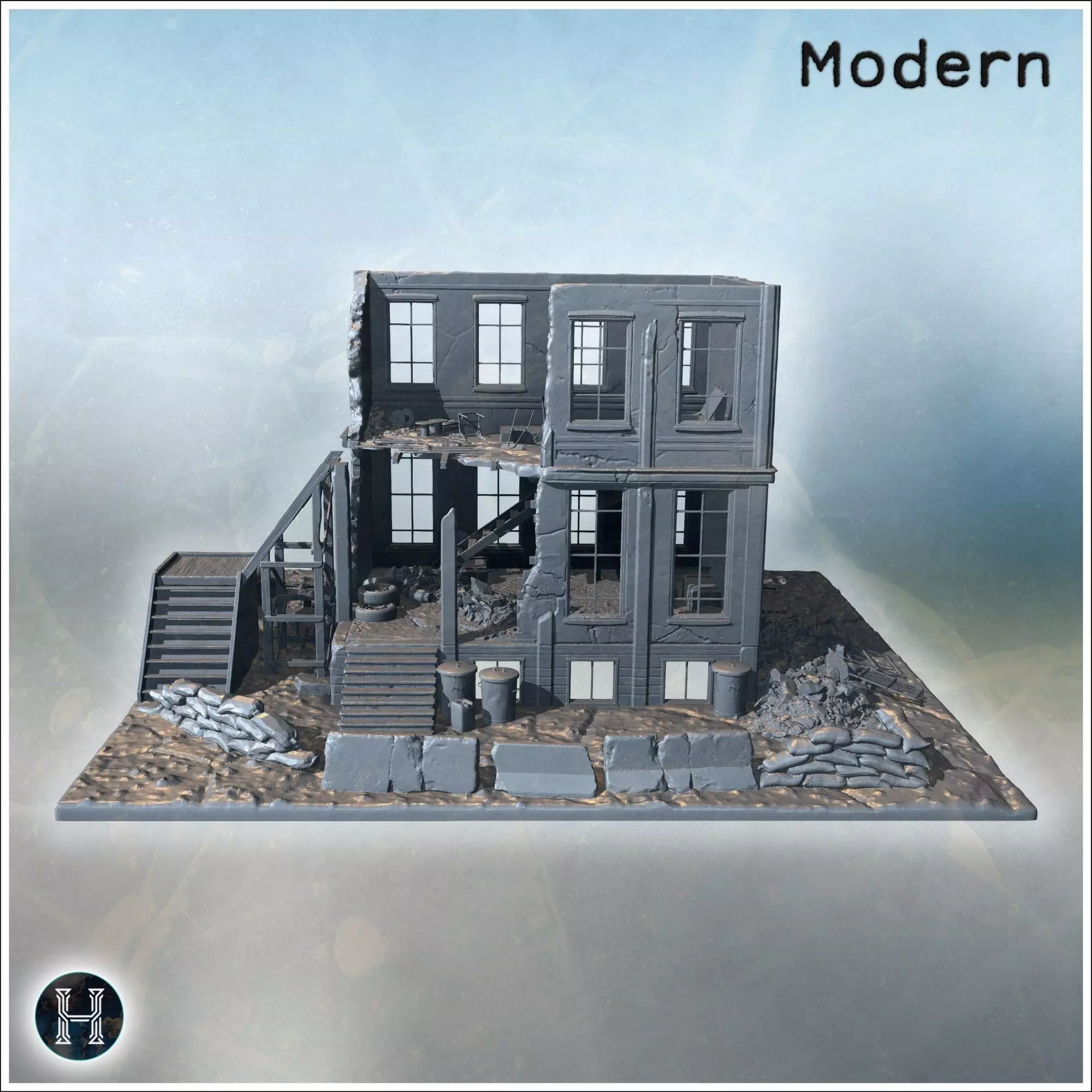 War-damaged building with sandbags wooden stairs debris and shat 3D print model_4