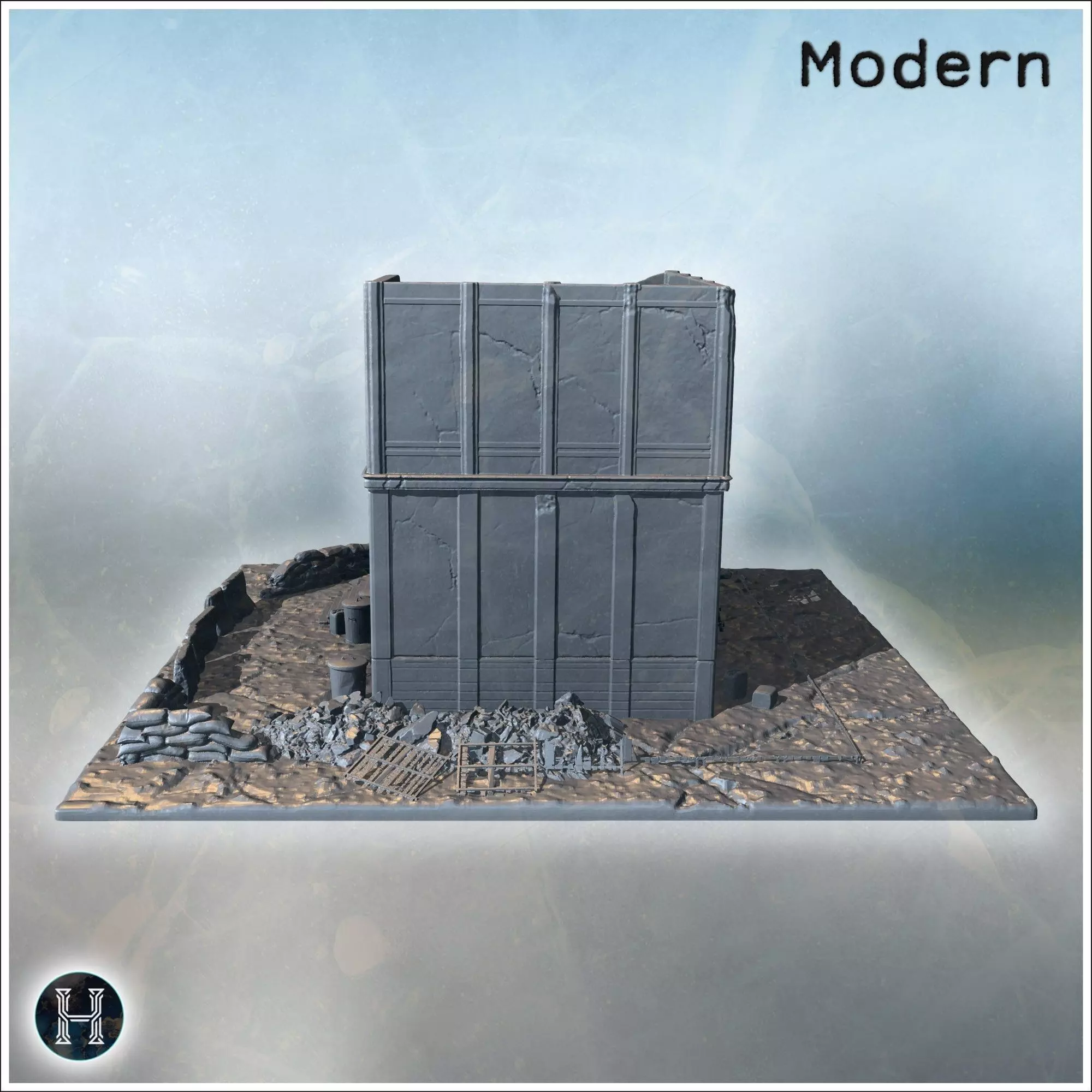 War-damaged building with sandbags wooden stairs debris and shat 3D print model_2