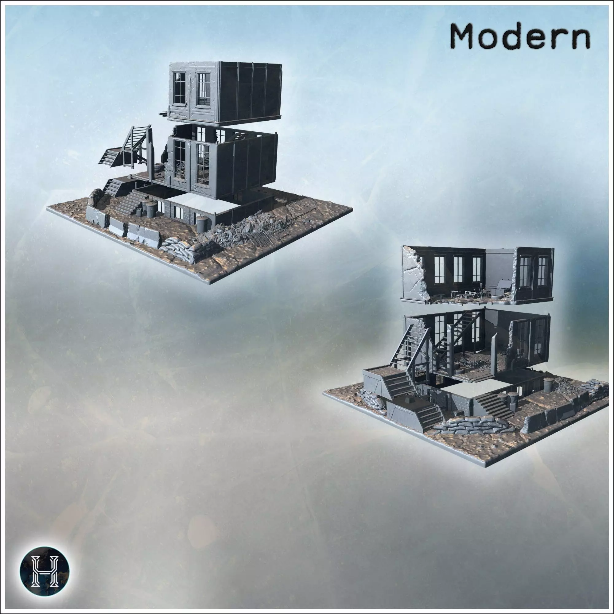 War-damaged building with sandbags wooden stairs debris and shat 3D print model_1