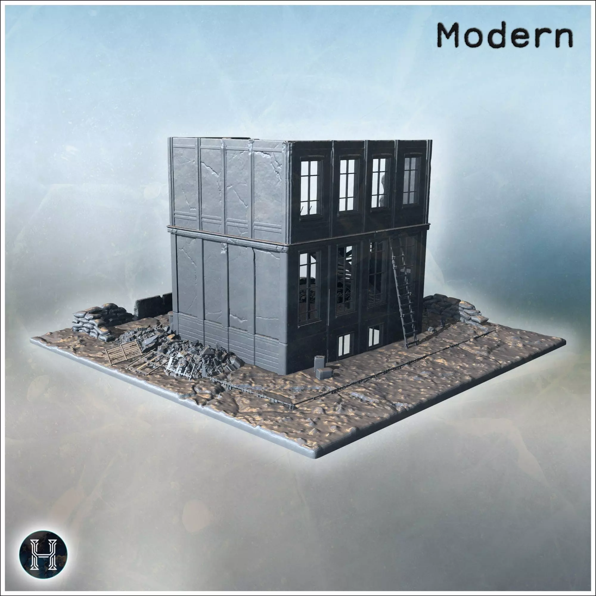 War-damaged building with sandbags wooden stairs debris and shat 3D print model_8