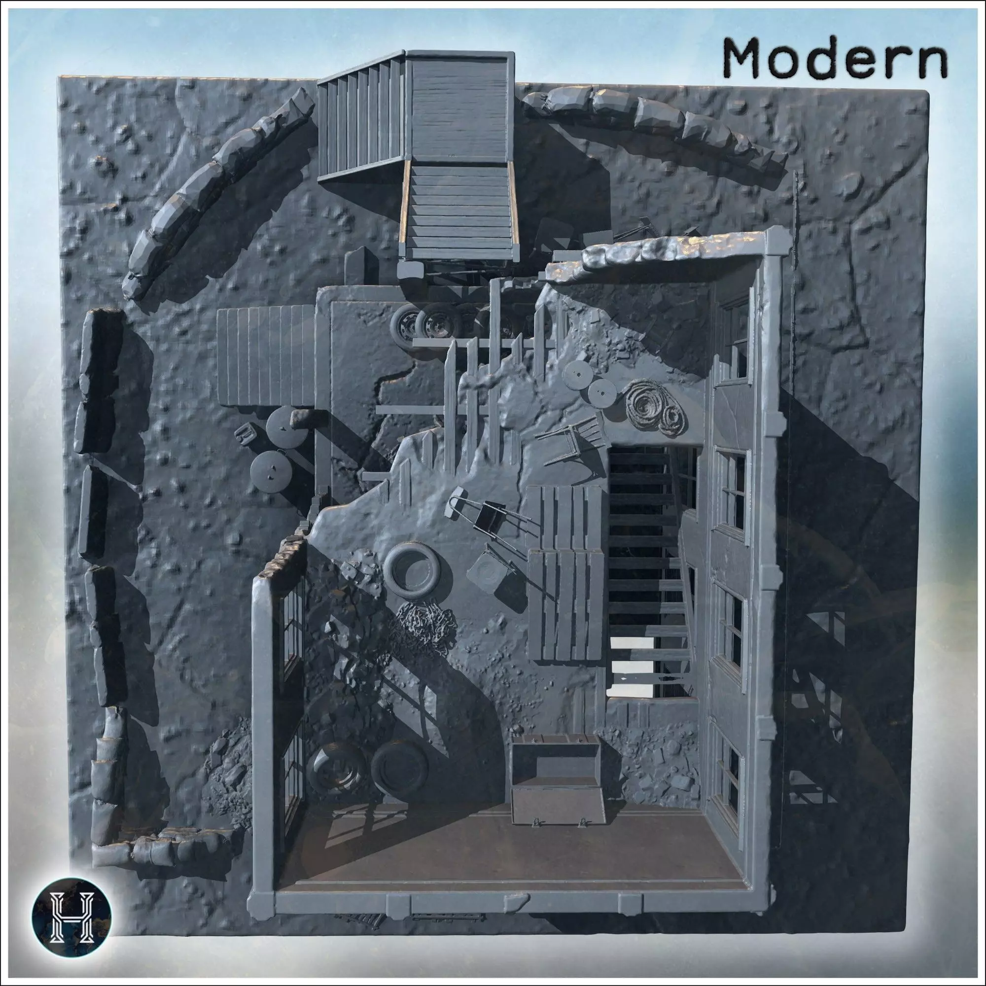 War-damaged building with sandbags wooden stairs debris and shat 3D print model_9