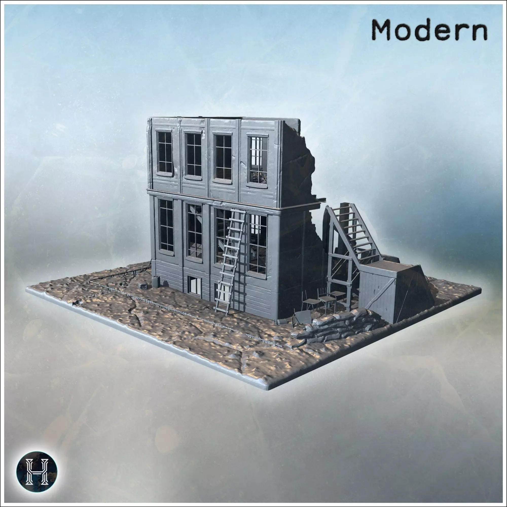 War-damaged building with sandbags wooden stairs debris and shat 3D print model_6