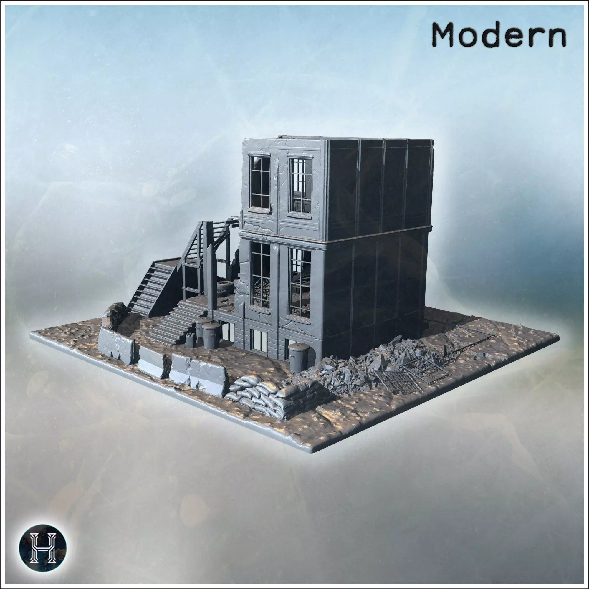 War-damaged building with sandbags wooden stairs debris and shat 3D print model_3