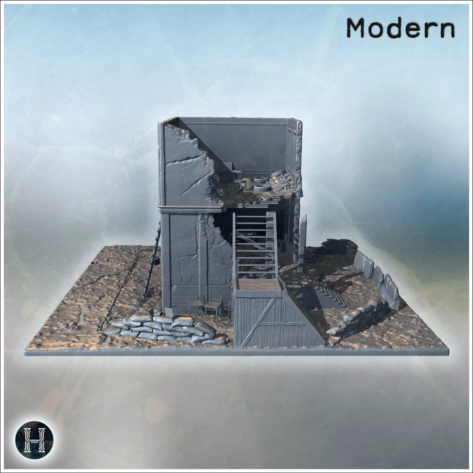 War-damaged building with sandbags wooden stairs debris and shat 3D print model_5