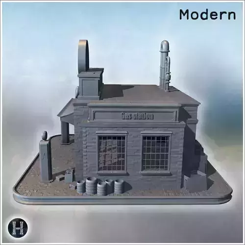 Vintage gas station with two pumps brick facade pipes on the roo 3D print model