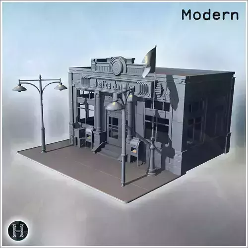 Classic police station with large pillars streetlights flag and  3D print model