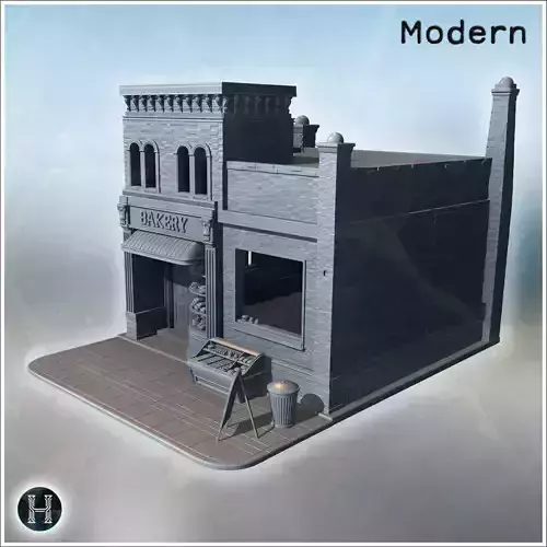 Bakery storefront with window display brick walls trash bin and 