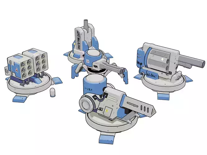 3D stylised sci-fi turrets asset-pack