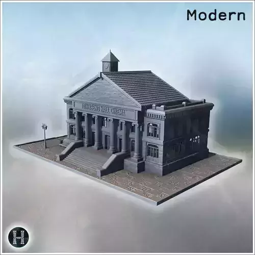 Historic cinema building with large columns clock tower and deco 3D print model