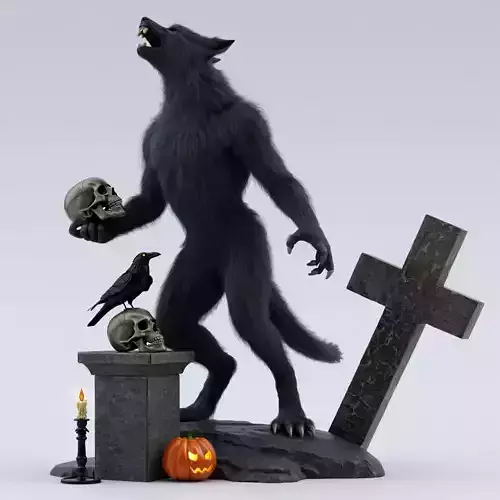 2503  Werewolf Howling with Skull  Gothic 3D Model