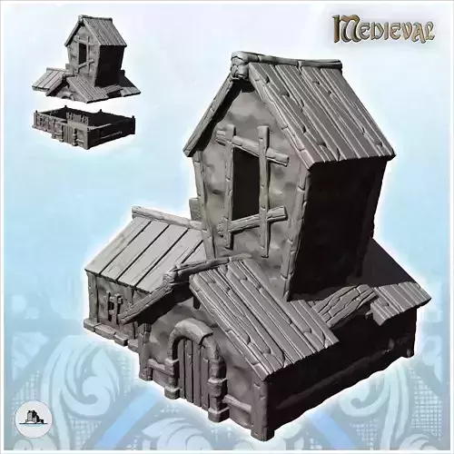 Medieval house with wooden roof and central tower with window 12