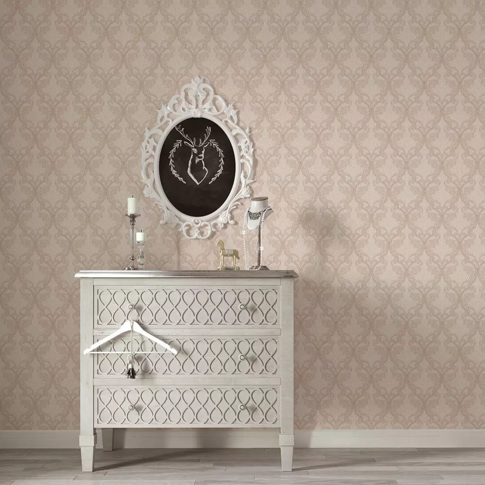 Elegant Beige Embossed Damask Wallpaper Texture