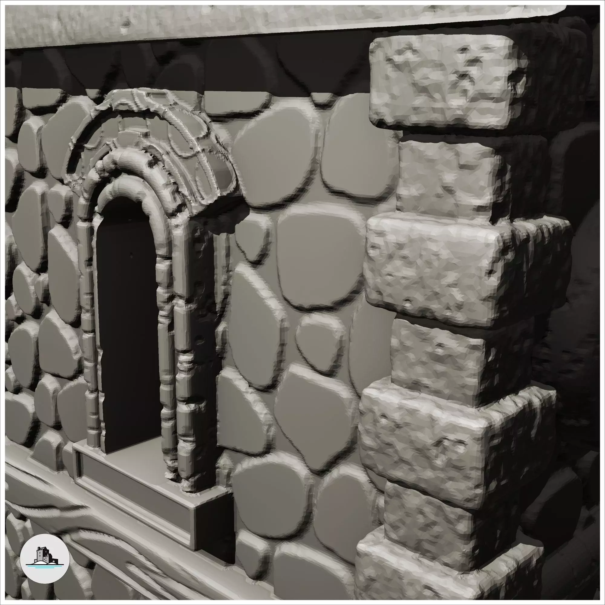 Large two-story stone building with entrance canopy and columns  3D print model_5