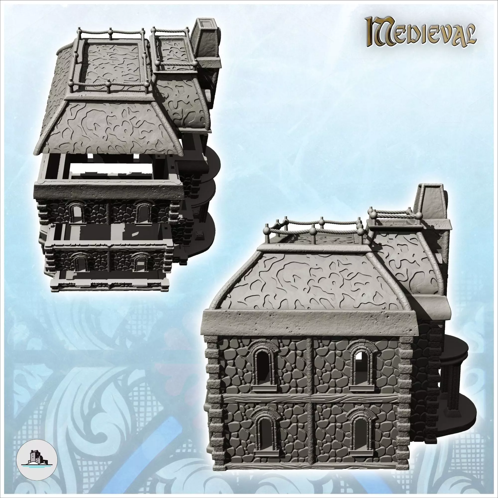 Large two-story stone building with entrance canopy and columns  3D print model_2