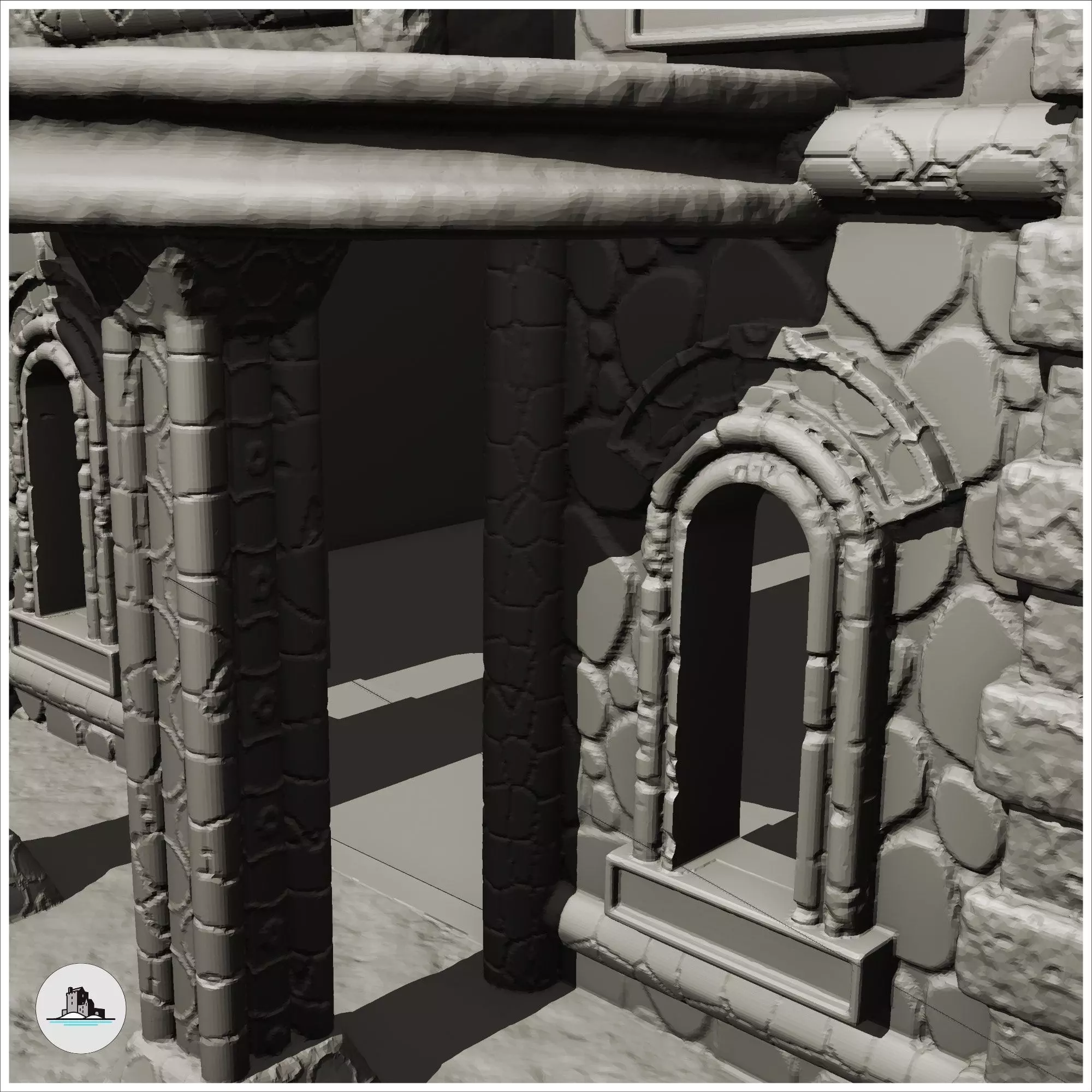 Large two-story stone building with entrance canopy and columns  3D print model_6