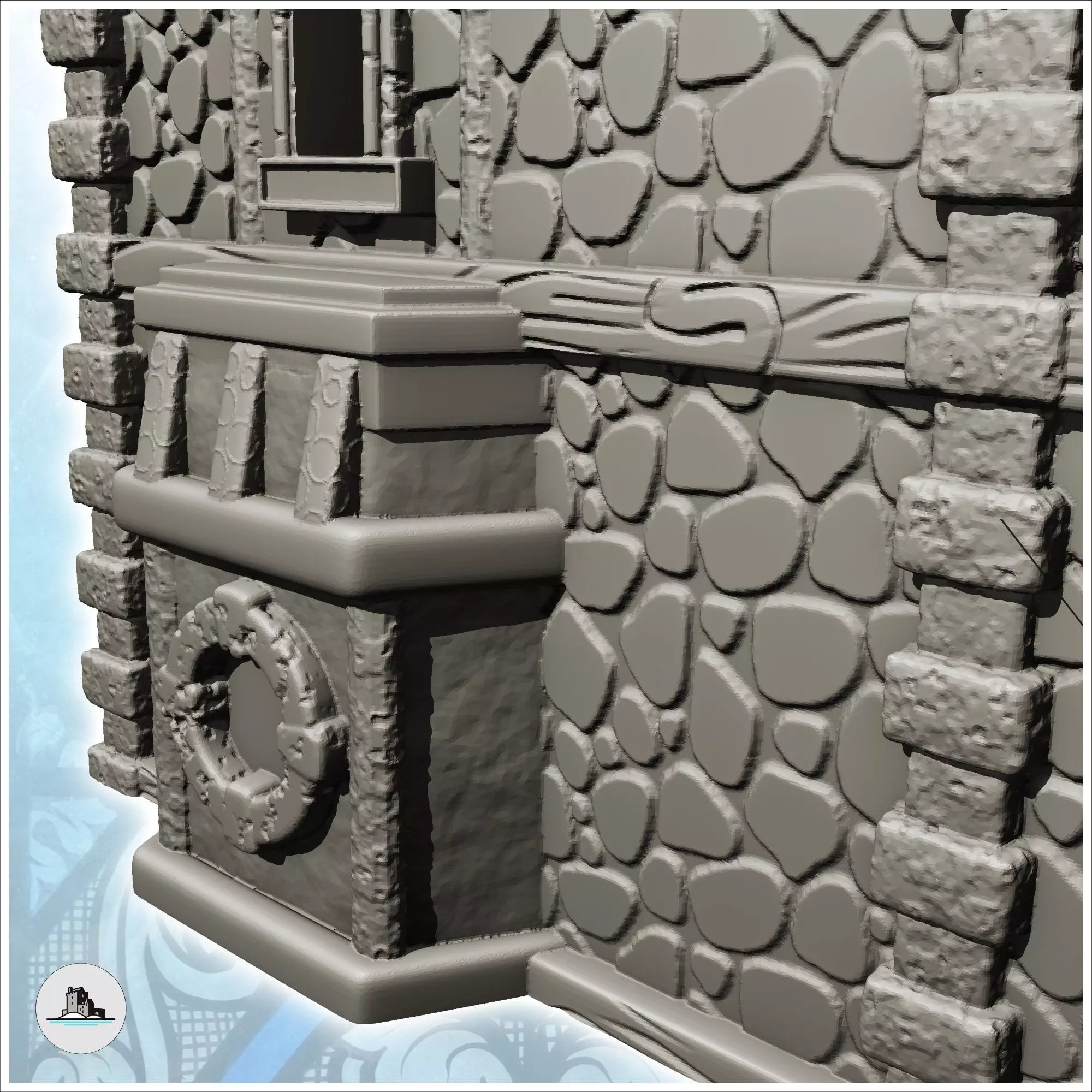 Large two-story stone building with entrance canopy and columns  3D print model_4