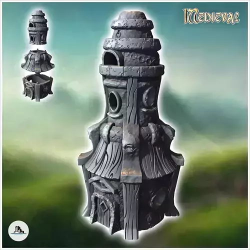 Large medieval tower with wooden door and concave roof and woode