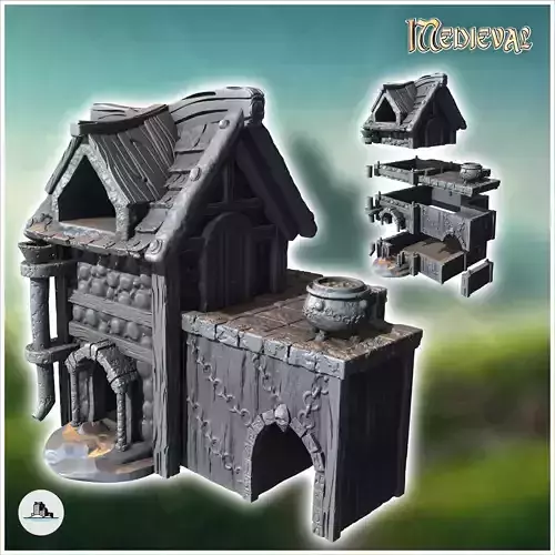 Medieval building with cauldron outside and annex with arch 40 -