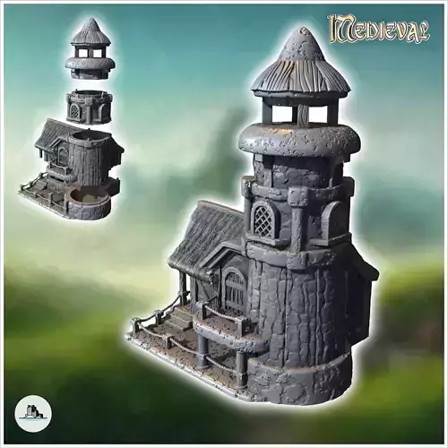 Round medieval lighthouse with annex house and access staircase 