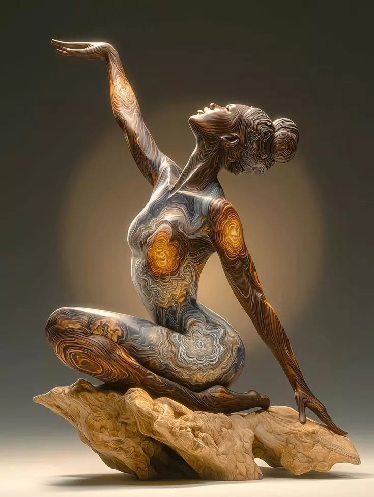 Surreal Wooden Dancer Swirling Grain Figure Natural Base 3D Low-poly 3D model_0