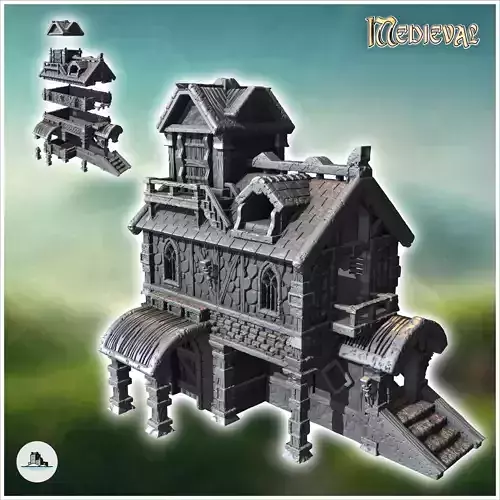 Large medieval building with access staircase and multiple terra