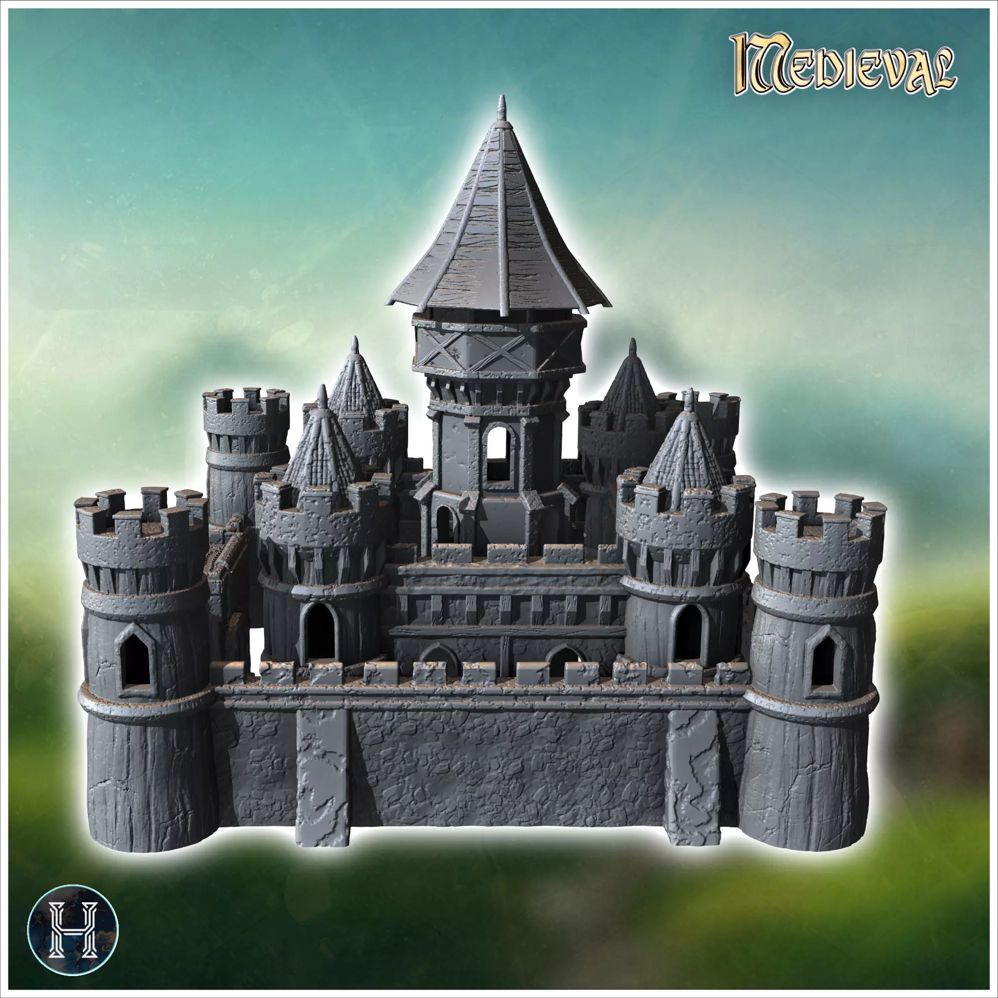 Large medieval castle with concave-roofed keep and imposing surr 3D print model_4