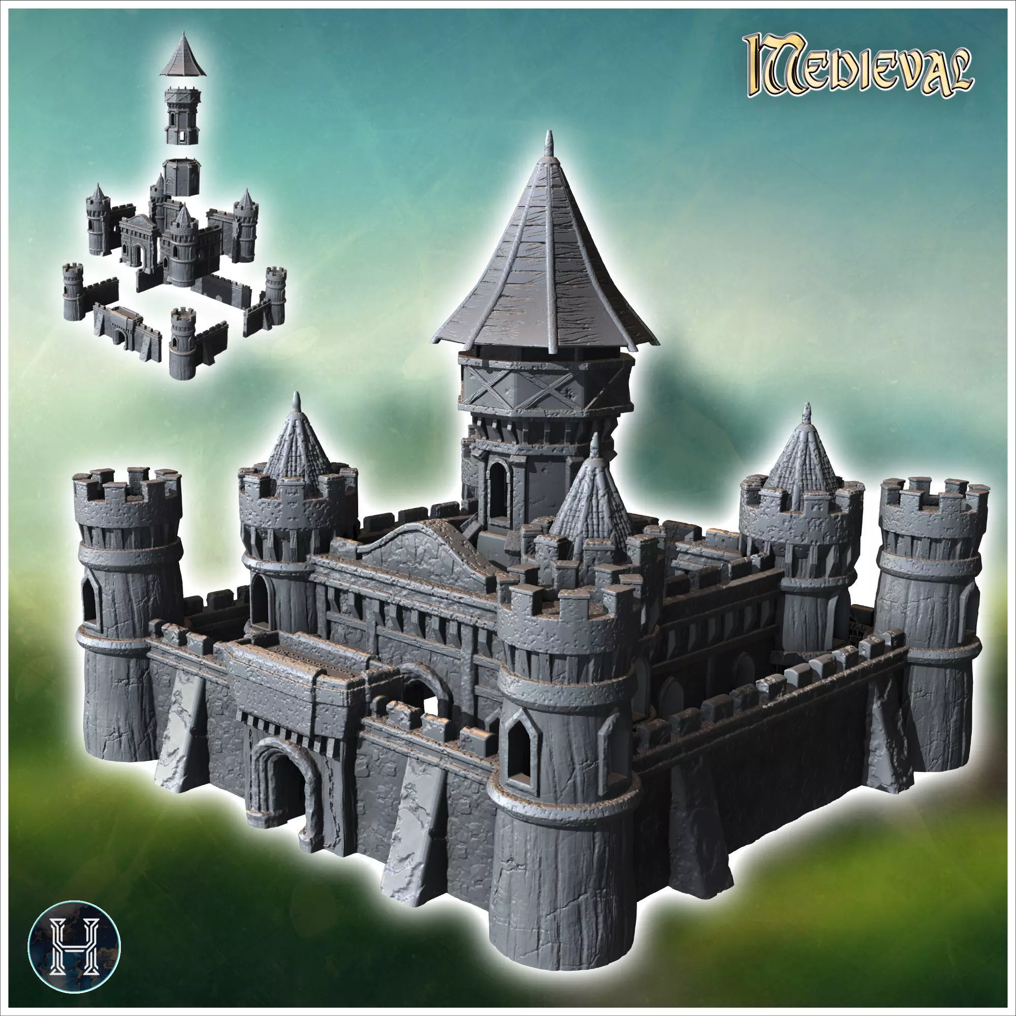 Large medieval castle with concave-roofed keep and imposing surr 3D print model_0
