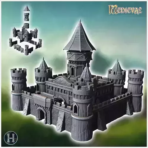 Large medieval castle with concave-roofed keep and imposing surr