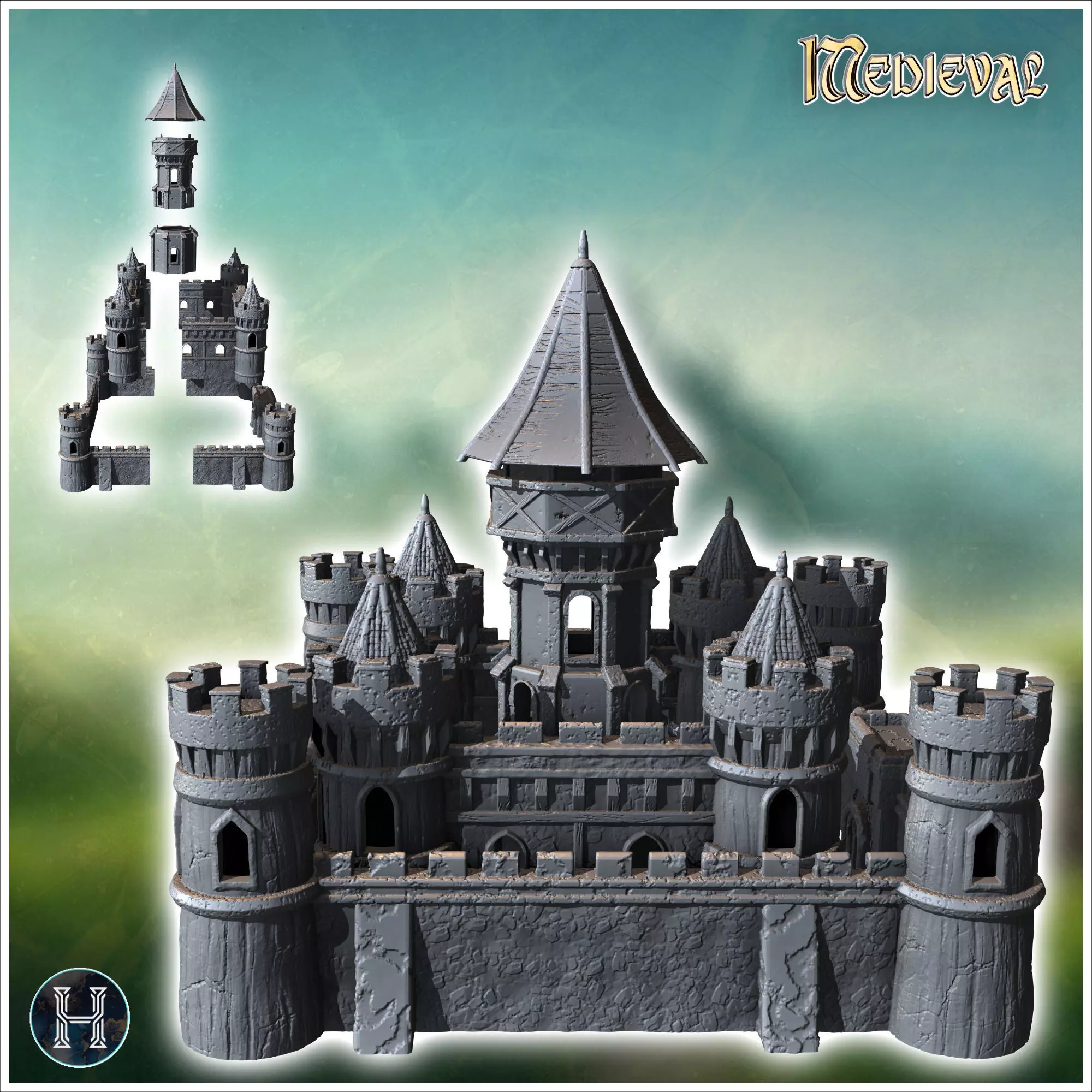 Large medieval castle with concave-roofed keep and imposing surr 3D print model_2
