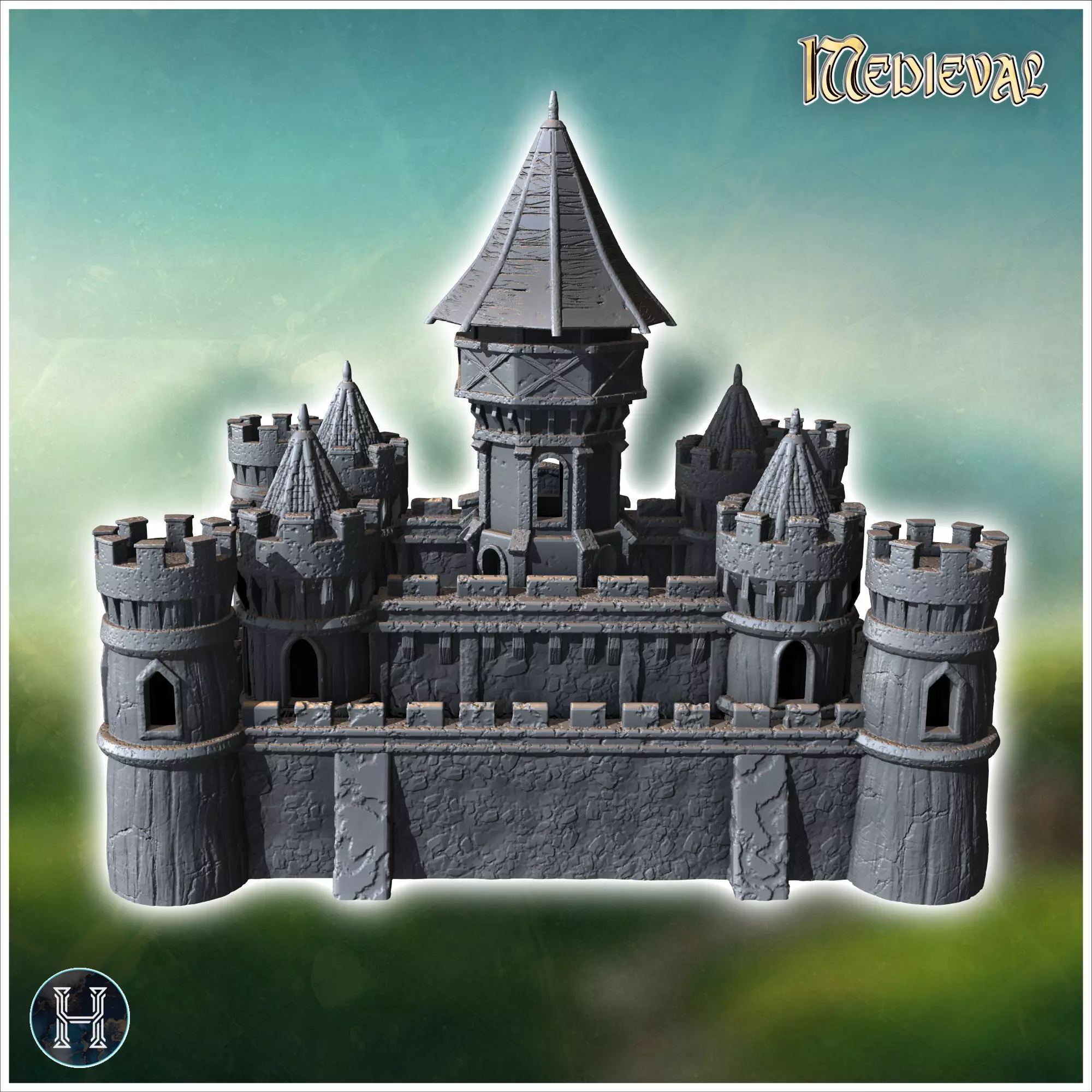 Large medieval castle with concave-roofed keep and imposing surr 3D print model_3