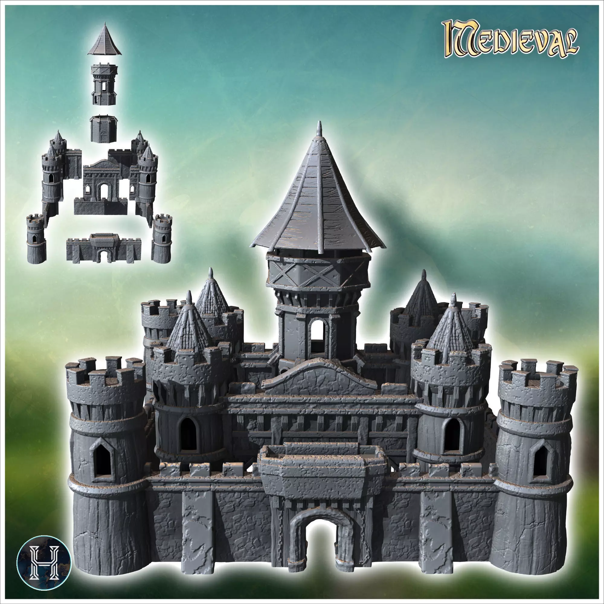 Large medieval castle with concave-roofed keep and imposing surr 3D print model_1