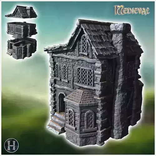 Medieval house with exterior fireplace carved stone walls and ba