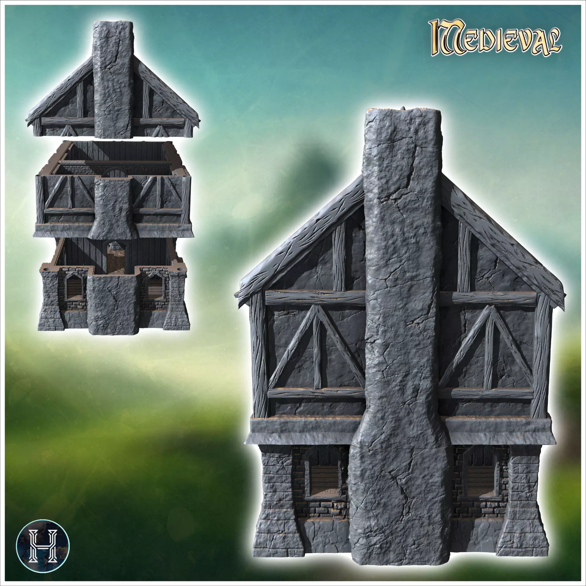 Medieval building with paned window large access canopy and roof 3D print model_2