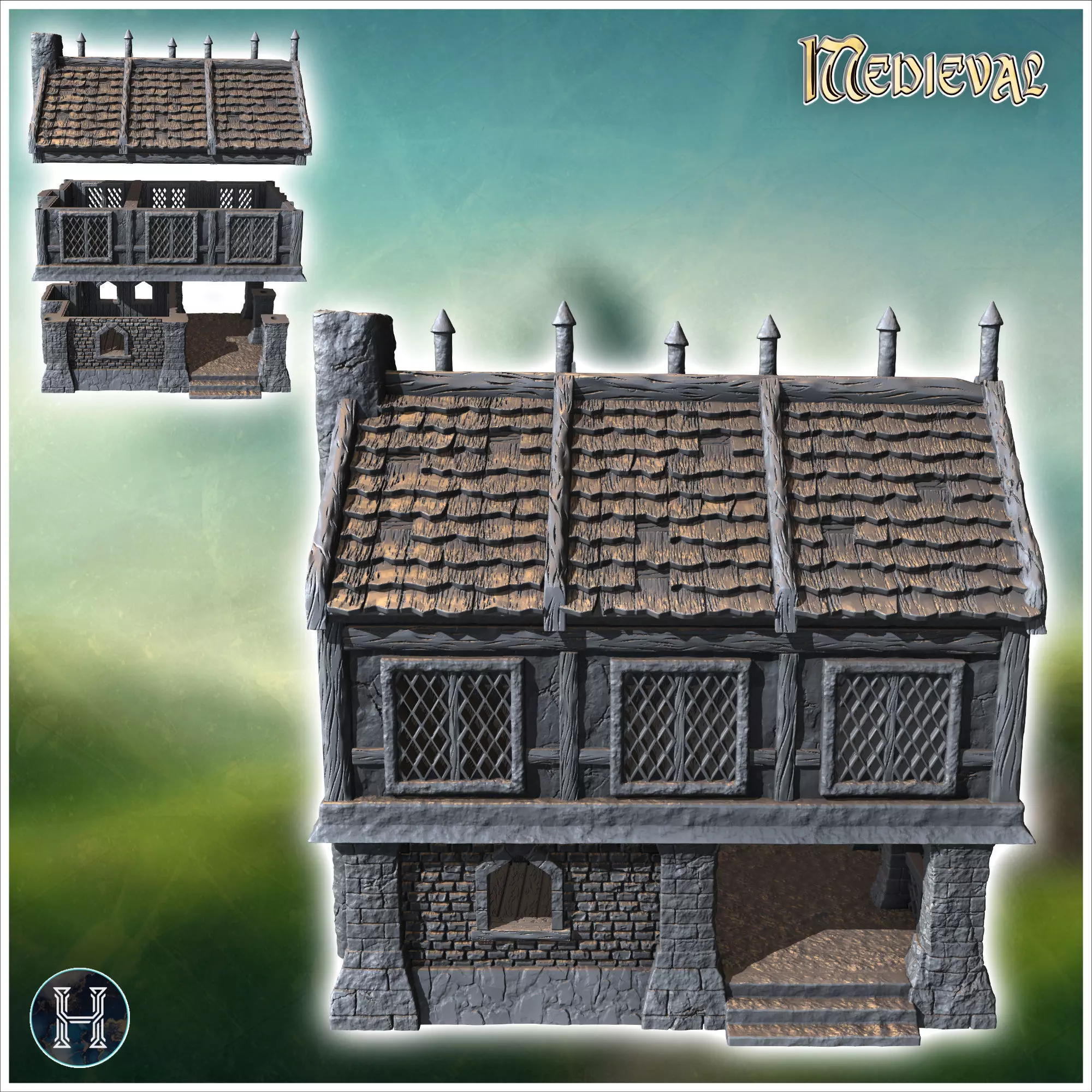 Medieval building with paned window large access canopy and roof 3D print model_1