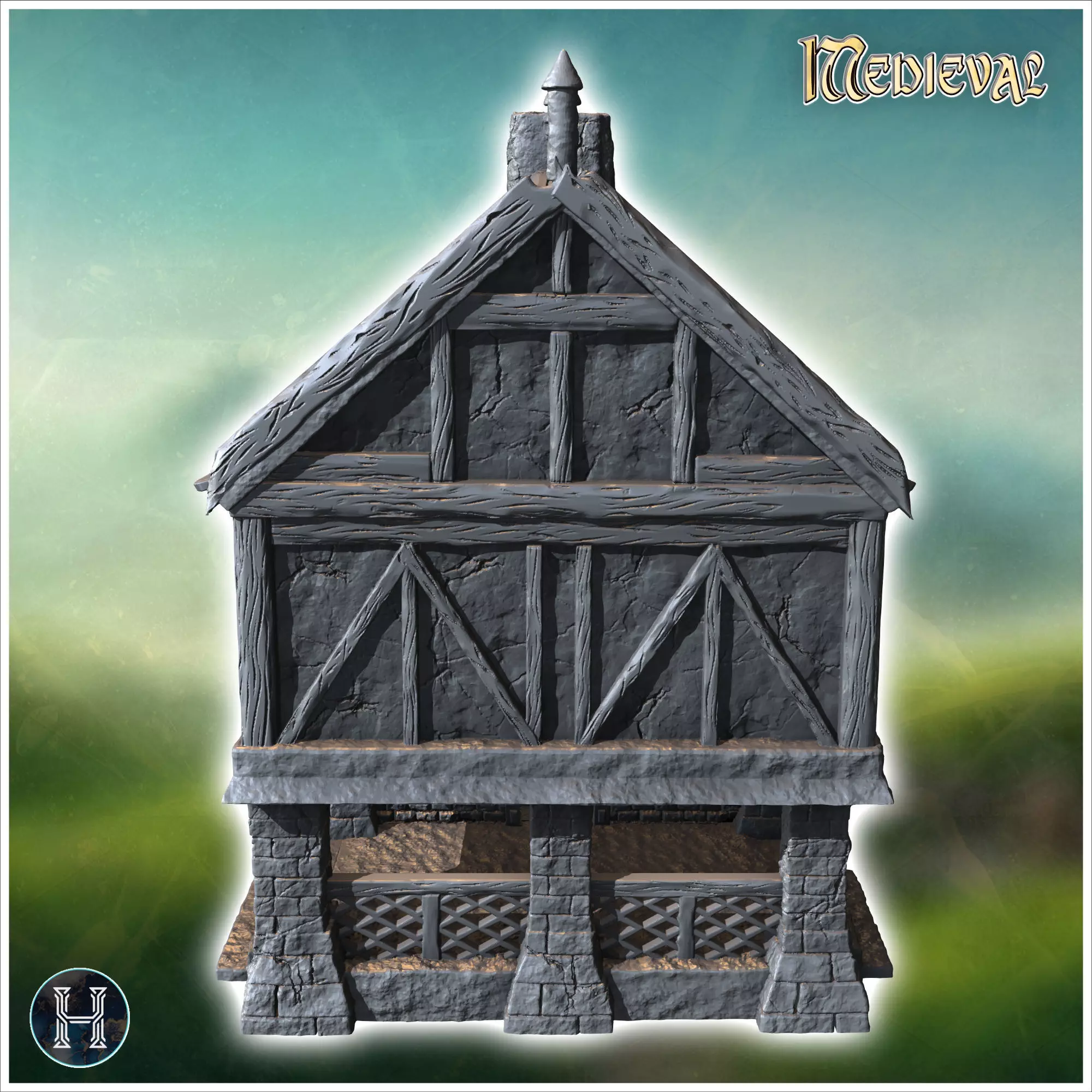 Medieval building with paned window large access canopy and roof 3D print model_4