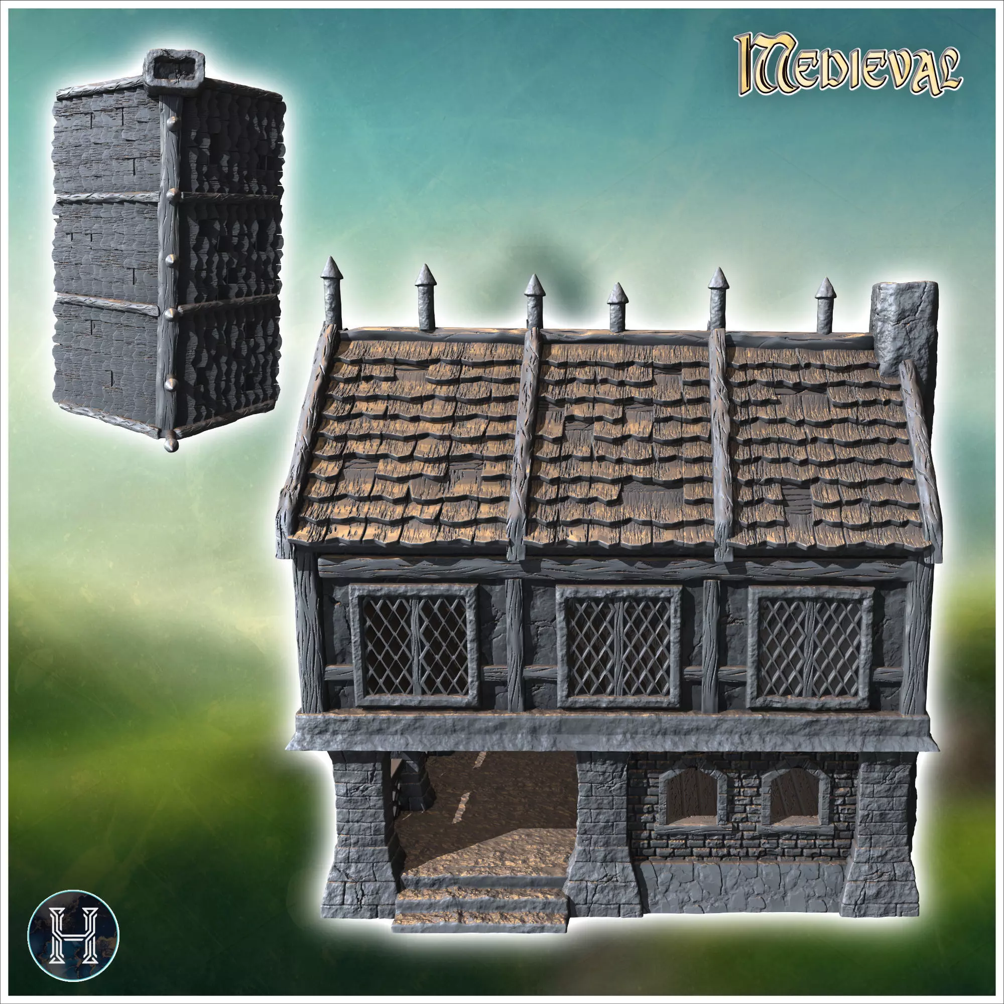 Medieval building with paned window large access canopy and roof 3D print model_3
