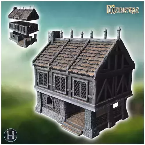 Medieval building with paned window large access canopy and roof