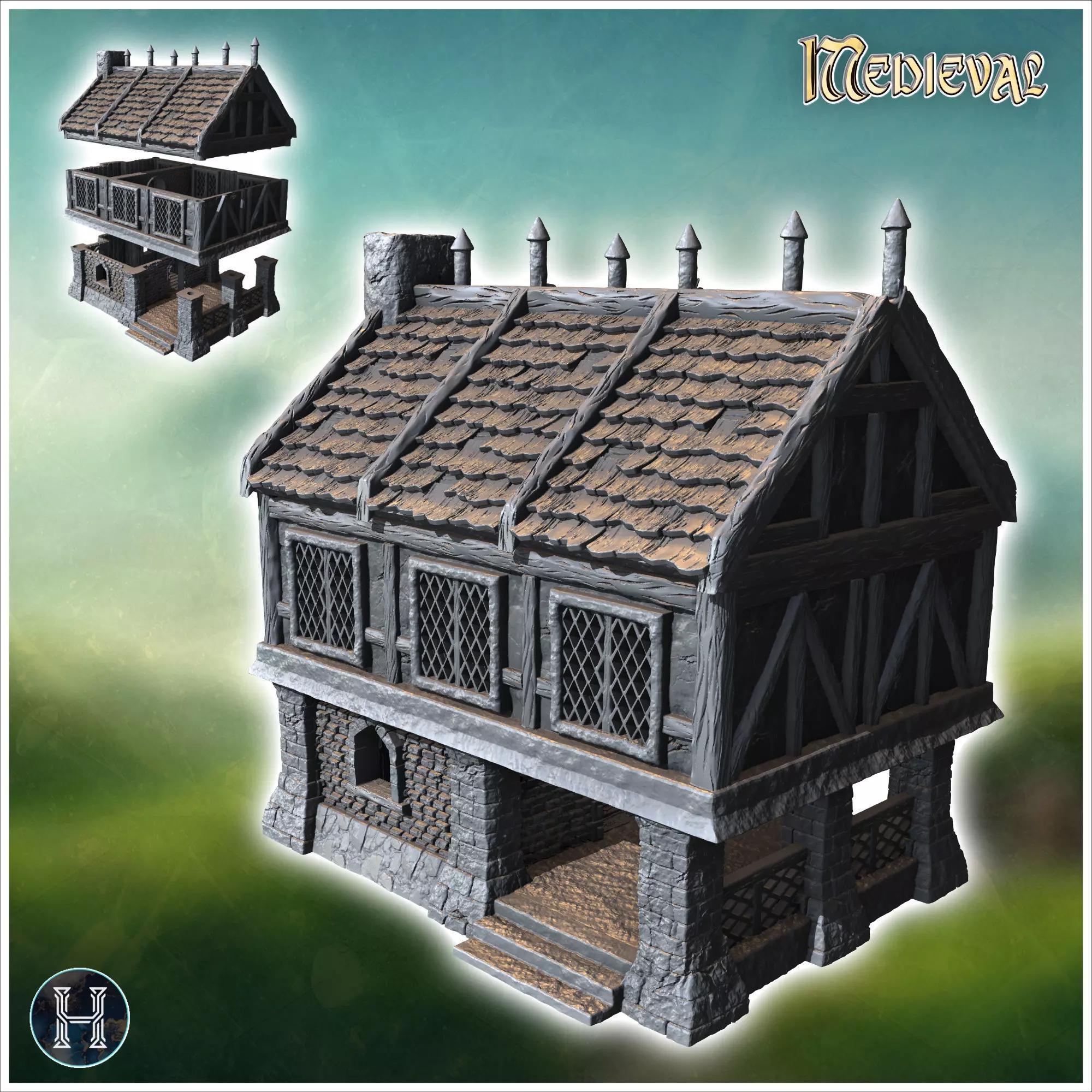 Medieval building with paned window large access canopy and roof 3D print model_0