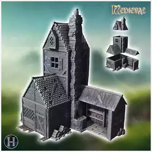 Large medieval building with canopied outdoor fireplace high ori