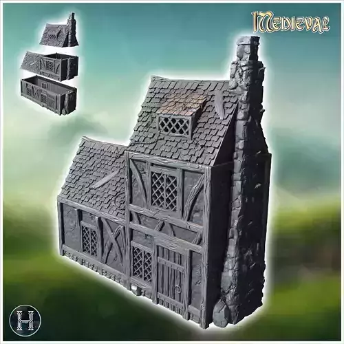 Long medieval building with two-part roof outdoor fireplace and 