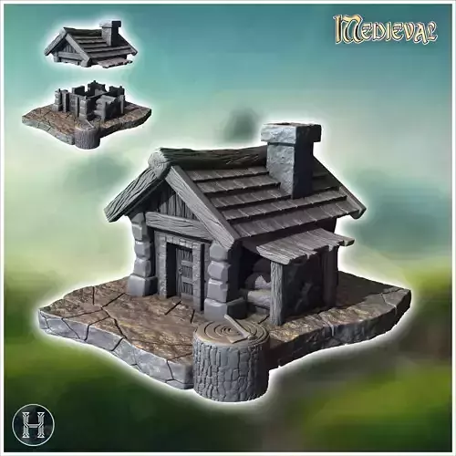 Medieval woodcutters hut with log and axe 8 - Medieval Gothic Fe 3D print model