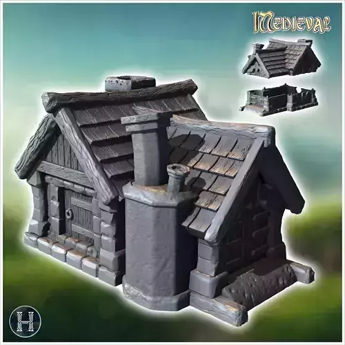 Medieval building with outdoor fireplace two-part roof and woode