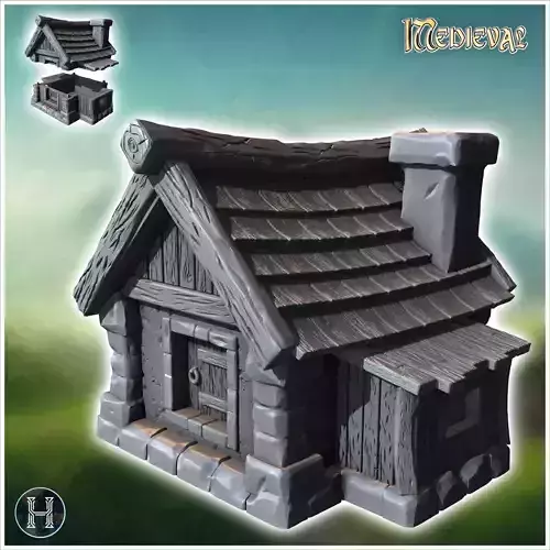 Medieval house with chimney in roof and annex with side window 1
