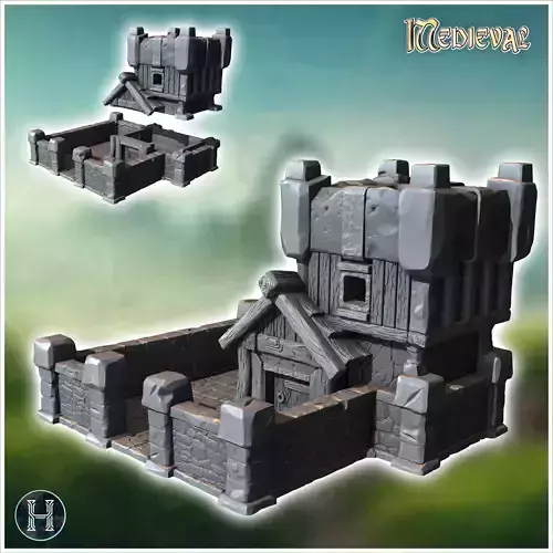 Medieval defense post with square stone tower low wall and tiled