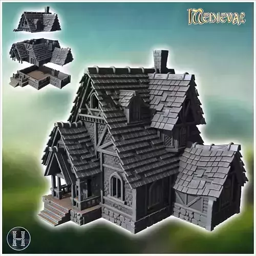 Small wooden house with detailed design including a thatched roo