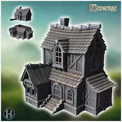 Medieval house with an ornate roof and multiple sections archite