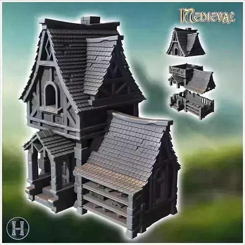 Elaborate two-story medieval house with a balcony and decorative