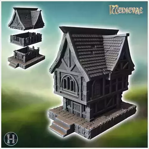 Compact medieval house with a steep roof and detailed wood and s